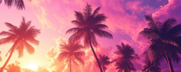 Obraz premium Silhouette of palm trees against a colorful sunset sky