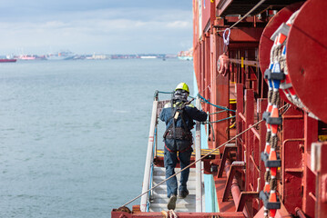A deckhand prepares the pilot ladder as the ship readies for port entry. Secured in a safety harness, he carefully ensures the setup is ready, focusing on the task in a high-risk environment. 