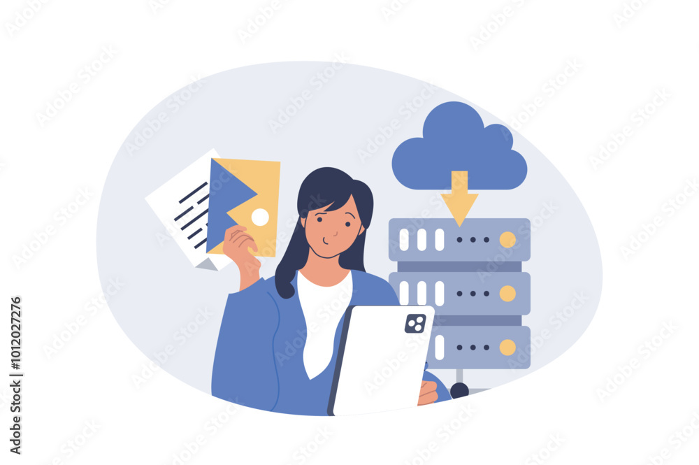 Aufkleber cloud computing concept in modern flat design for web. woman using database service and processing d