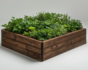 Fototapeta premium Tranquil Wooden Raised Garden Bed with Lush Green Plants on White Background - Natural Serenity and Eco-Friendly Gardening Concept