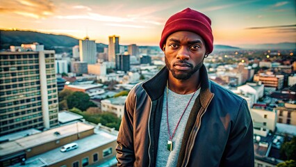 Confident Black Male Rapper Posing with Urban Style and Attitude in a Vibrant City Environment