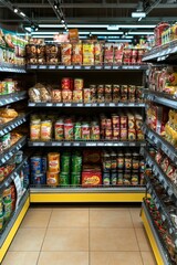 Fototapeta premium Vibrant Canned Goods Aisle Close-Up Macro View of Colorful Variety in Supermarket Shelf, Festive Abundance for Commercial Display