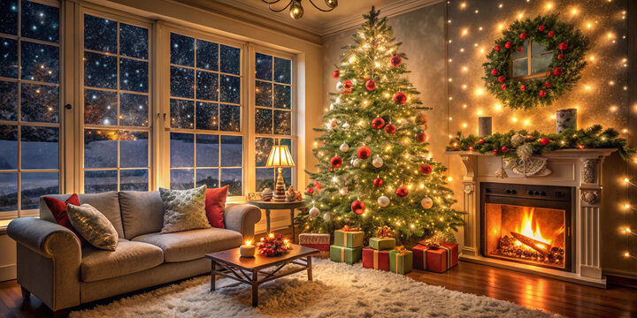 A beautifully decorated Christmas tree in a cozy living room with warm lighting, presents underneath, and snowflakes visible through the window.