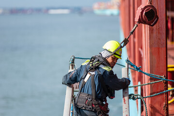 A deckhand prepares the pilot ladder as the ship readies for port entry. Secured in a safety harness, he carefully ensures the setup is ready, focusing on the task in a high-risk environment. 