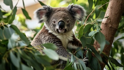 Obraz premium Adorable koala perched atop a eucalyptus tree, embracing its natural habitat in a charming wildlife scene.