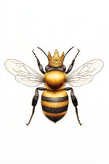 Obraz premium Majestic Bee with Golden Crown in Symmetrical Macro View on White Background - Regal Insect with Delicate Wings and Whimsical Elegance for Nature Designs, Honey Products, and Royalty Concepts