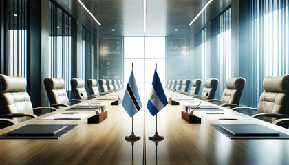 A modern conference room with Botswana and El Salvador flags on a long table, symbolizing a bilateral meeting or diplomatic discussions between the two nations.