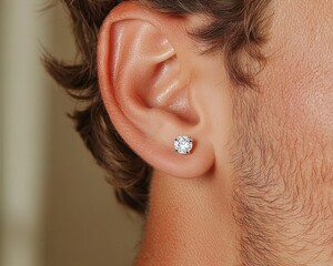Luxurious Diamond Stud Earring Close-Up Portrait of Male Ear in Warm Light, Elegant Jewelry Concept