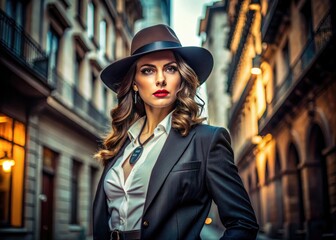 Obraz premium Confident woman in stylish outfit exuding power and allure in urban mafia-themed setting