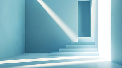 Fototapeta premium Blue Abstract 3D Room with Stairs and Light Rays Illustration