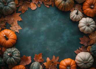 Happy Thanksgiving text in the center of the frame, surrounded by pumpkins and gourds on a dark green background. Greeting card design for Thanksgiving Day