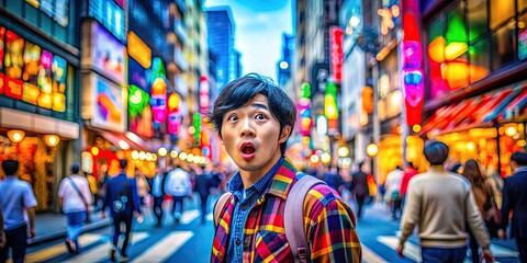 Fototapeta premium Confused Asian Person in Urban Environment with Puzzled Expression and Colorful Background Elements