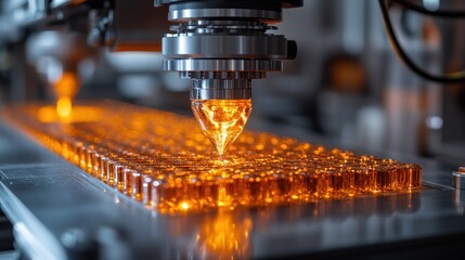 A robotic arm fills vials with liquid on a conveyor belt in a factory setting.