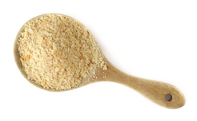 Nutritional yeast pile in wooden spoon (deactivated yeast) isolated on white, top view