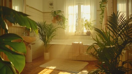 Fototapeta premium Cozy Bathroom with Indoor Plant and Neutral Tones,World Toilet Day