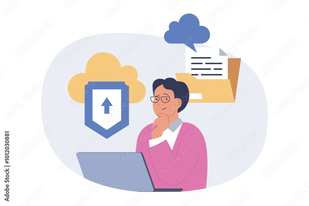 Leinwandbilder cloud computing concept in modern flat design for web. man downloading documents for storage in safe