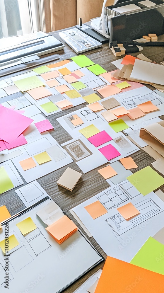 Poster a desk covered with colorful sticky notes and design sketches.