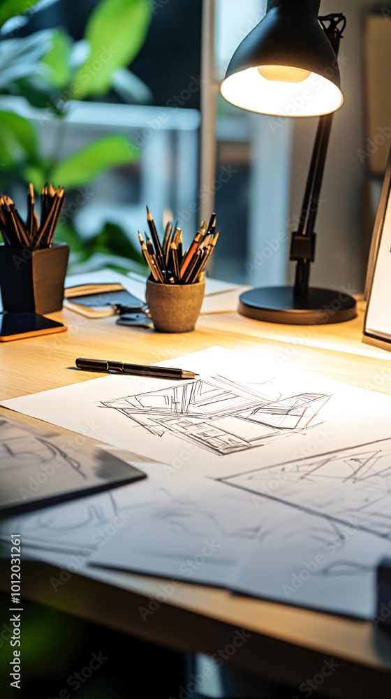 Poster a desk lamp illuminates a workspace with drawing tools and a sketch on a table.