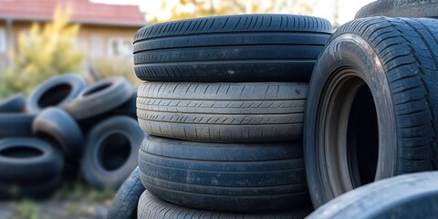 Stacked car tires at a tire fitting service outdoors