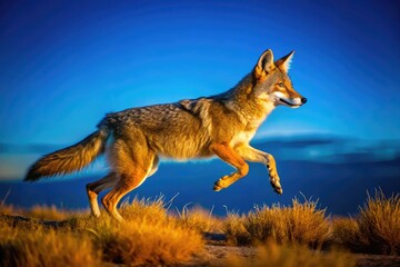 Obraz premium Coyote Running Swiftly Across Open Terrain in a Natural Landscape with Clear Blue Sky Above