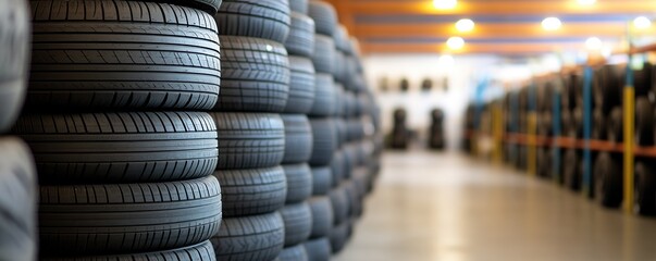 Stacked car tires in a row at tire service.
