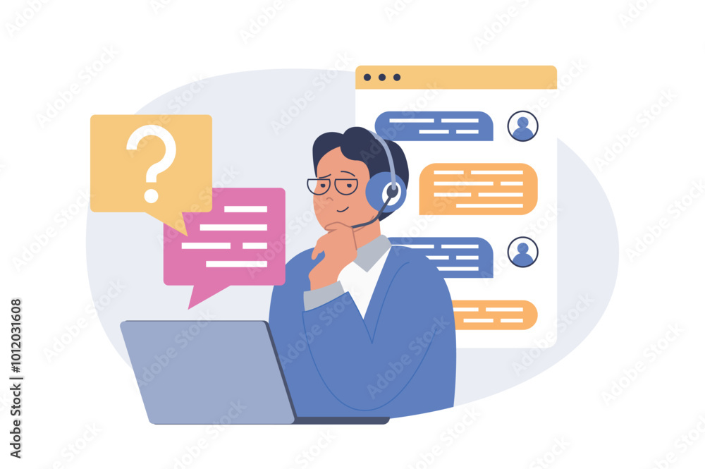 Poster Contact us concept in modern flat design for web. Operator in headset answering in online chat for clients questions, solving problems, finding solutions, advicing for calling. Vector illustration.
