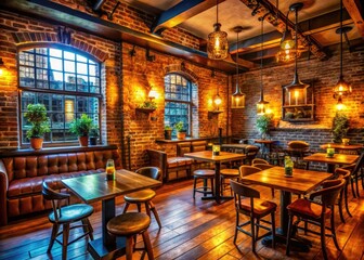 Cozy and Inviting Brick Wall Pub and Grill Interior with Warm Lighting and Rustic Decor Elements