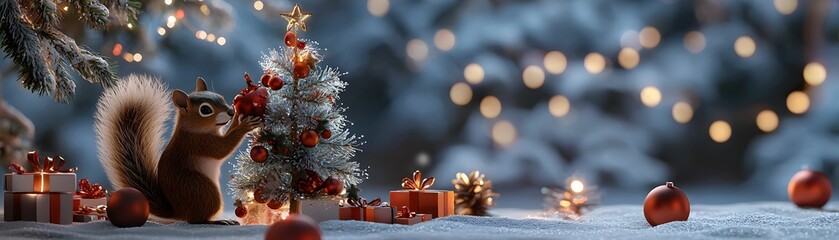 A squirrel is standing in front of a Christmas tree, holding a red ornament