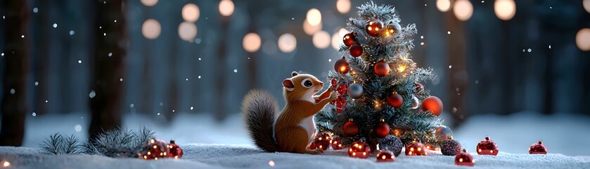 A small squirrel is sitting on the snow next to a Christmas tree
