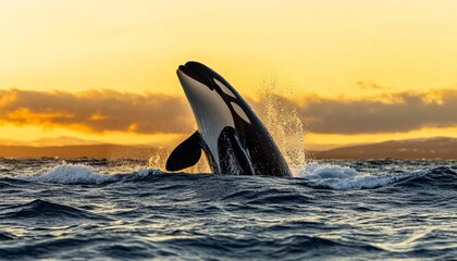 Fototapeta premium Graceful orca leaping from the water showcasing its strength and beauty in a stunning display of wildlife magnificence.