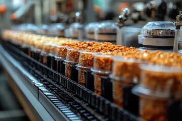 Close-up of a conveyor belt filled with clear containers of various grains.