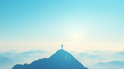 Person Standing on Top of Mountain Peak at Sunrise