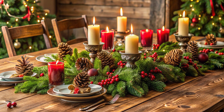 A rustic wooden table set for a Christmas dinner, complete with a centerpiece of candles, pinecones, and holly