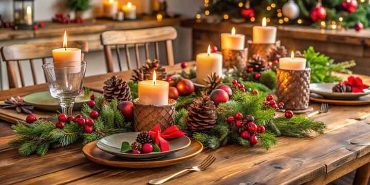 A rustic wooden table set for a Christmas dinner, complete with a centerpiece of candles, pinecones, and holly