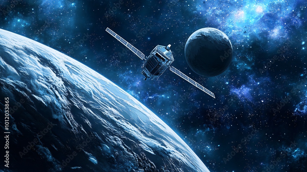 Poster a satellite orbits a planet with a moon in the background.