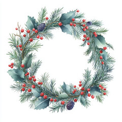 Watercolor round christmas frame with fir branches berry leaves plant herb winter flora isolated on white background. Botanical greenery holiday illustration for wedding invitation card design
