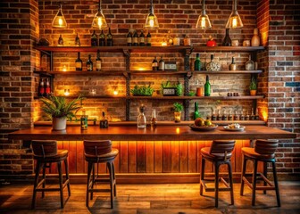 Cozy brick wall bar setting with vintage decor, wooden shelves, and warm ambient lighting effects