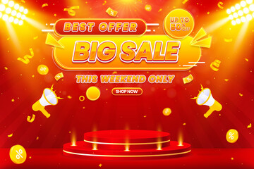 Realistic big sale banner design template with podium isolated on abstract background