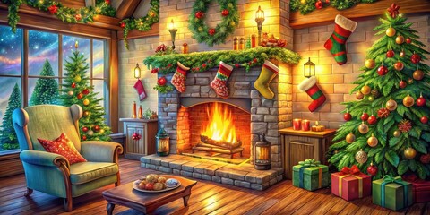 Cozy Christmas Coloring Pages Featuring a Warm Fireplace Scene with Holiday Decor and Stockings
