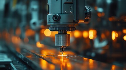 Close up of a drill bit working on a metal piece in a factory.
