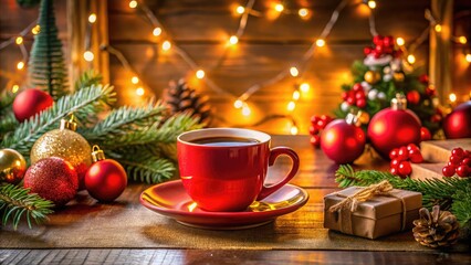 Cozy Christmas Morning Scene with Warm Coffee, Festive Decorations, and a Touch of Holiday Cheer