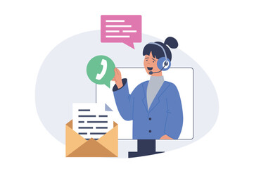 Contact us concept in modern flat design for web. Woman in headset answering calls, communicating with clients, helping and supporting customers, solving technical problems. Vector illustration.