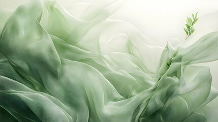 Abstract Green Fabric Background - Flowing Texture with Leaves
