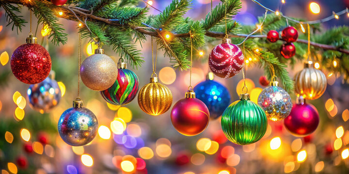 An assortment of colorful Christmas ornaments hanging from a tree branch, with a blurred background of twinkling lights.