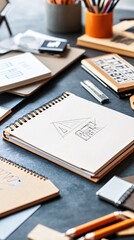 A spiral notebook with a hand-drawn design on a desk with other stationery.