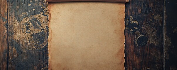 Vintage blank parchment scroll on rustic wooden table, perfect for historical or ancient themed projects and creative backgrounds.