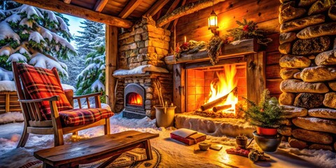 Cozy fireplace in a rustic cabin surrounded by winter snow, warm ambiance and decorative elements