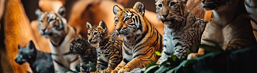 Obraz premium A captivating lineup of tiger and feline sculptures, captured in vibrant detail amidst lush greenery, showcasing intricate artistry.