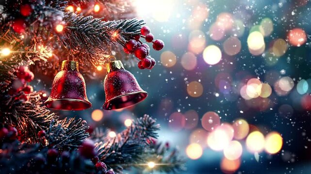 Holiday Jingle Bells on Spruce Branch: Snowfall and Bokeh Lights