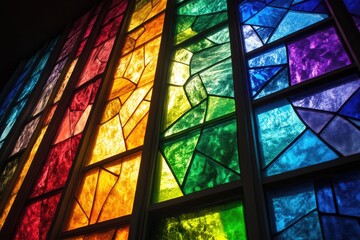 A stained glass effect with rainbow colors filling the different sections